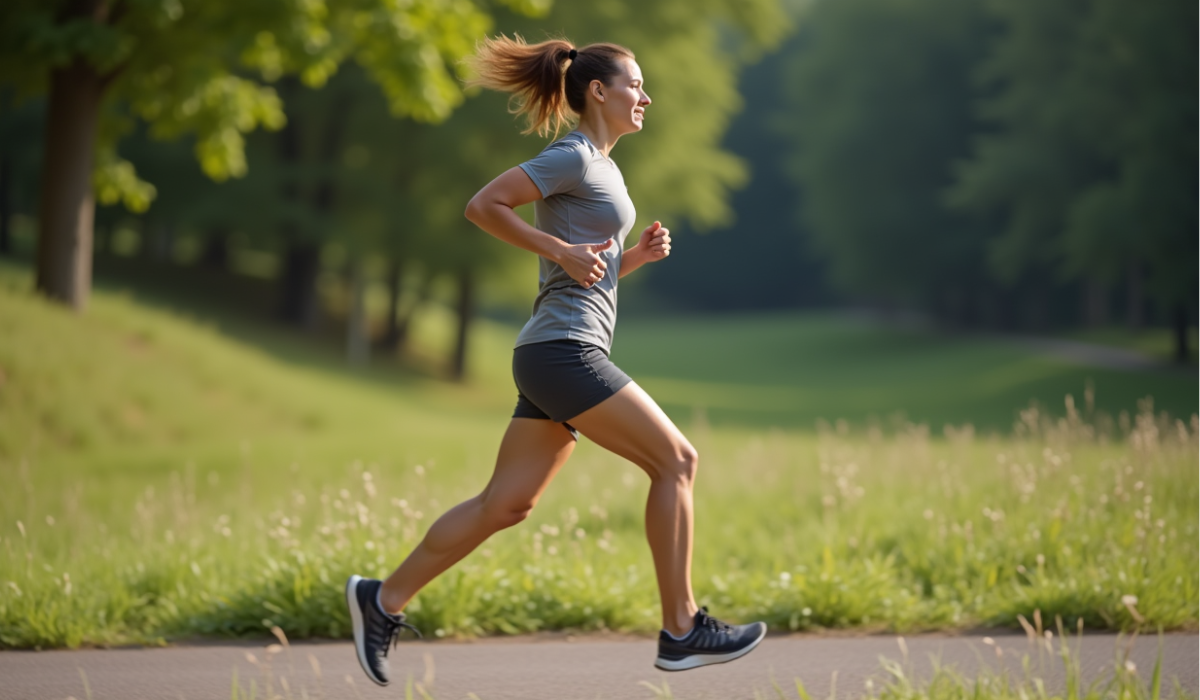 A runner on a scenic outdoor path captured mid run in profile view focusing on perfect running form The runner has an upright posture with their head facing forward and shoulders relaxed Thei