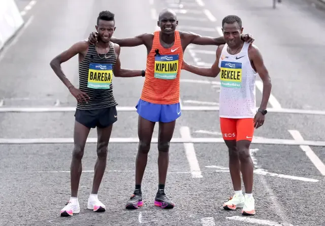 Elite mens race winner Jacob Kiplimo with second placed Selemon Barega and third placed Kenenisa Bekele Richard Sellers PA