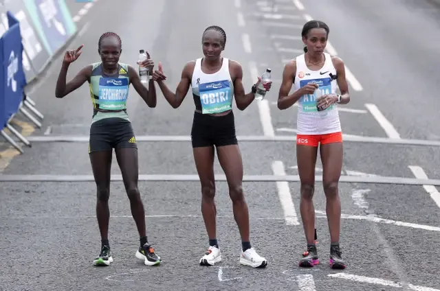 Elite womens race winner Hellen Obiri with second placed Peres Jepchirchir and third placed Almaz Ayana Richard Sellers PA